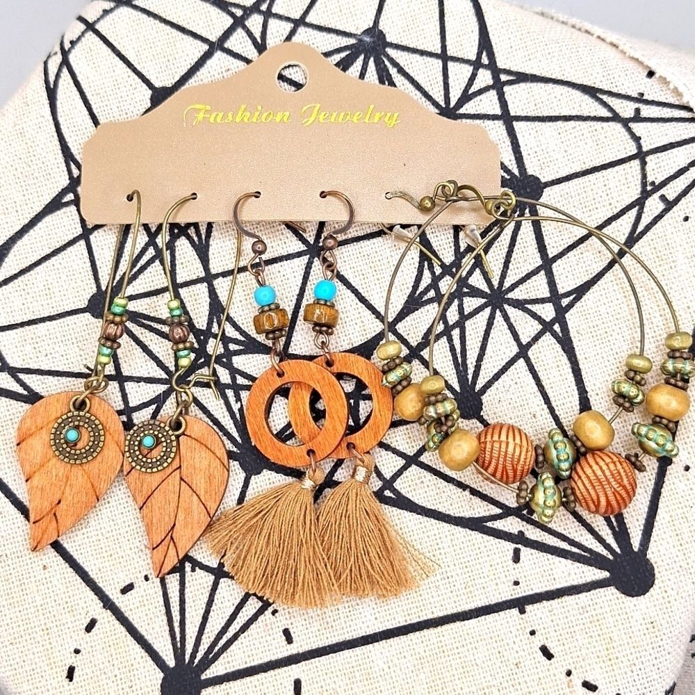 Bohemian earrings beaded hoops leaf print wood tassel tribal jewelry
